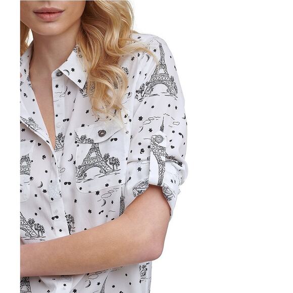 Karl Lagerfeld Paris Eiffel Tower Button Up Top Small White Crepe Roll Tab - Picture 2 of 10